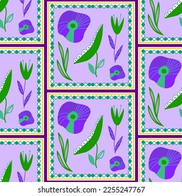 Abstract Hand Drawing Squared Flowers and Leaves Frames Seamless Patchwork Scarf Vector Pattern Isolated Background