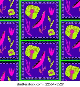 Abstract Hand Drawing Squared Flowers and Leaves Frames Seamless Patchwork Scarf Vector Pattern Isolated Background