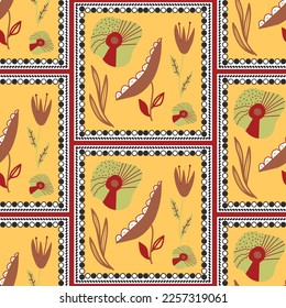 Abstract Hand Drawing Squared Flowers and Leaves Frames Seamless Patchwork Scarf Vector Pattern Isolated Background