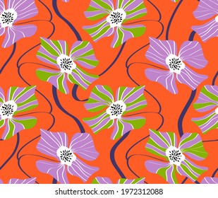 Abstract Hand Drawing Striped Large Flowers and Lines Geometric Repeating Vector Pattern Isolated Background