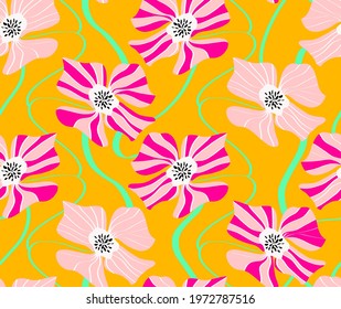 Abstract Hand Drawing Striped Large Flowers and Lines Geometric Repeating Vector Pattern Isolated Background