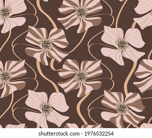 Abstract Hand Drawing Striped Large Flowers and Lines Geometric Repeating Vector Pattern Isolated Background