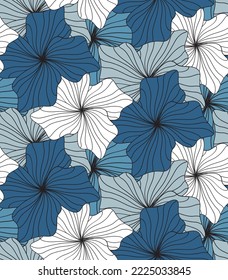 Abstract Hand Drawing Striped Line Drawing Hibiscus Flowers Seamless Tropical Vector Pattern Isolated Background
