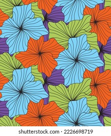 Abstract Hand Drawing Striped Line Drawing Hibiscus Flowers Seamless Tropical Vector Pattern Isolated Background
