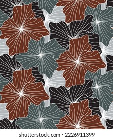 Abstract Hand Drawing Striped Line Drawing Hibiscus Flowers Seamless Tropical Vector Pattern Isolated Background