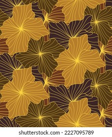 Abstract Hand Drawing Striped Line Drawing Hibiscus Flowers Seamless Tropical Vector Pattern Isolated Background