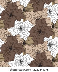Abstract Hand Drawing Striped Line Drawing Hibiscus Flowers Seamless Tropical Vector Pattern Isolated Background