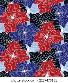 Abstract Hand Drawing Striped Line Drawing Hibiscus Flowers Seamless Tropical Vector Pattern Isolated Background