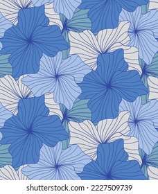 Abstract Hand Drawing Striped Line Drawing Hibiscus Flowers Seamless Tropical Vector Pattern Isolated Background