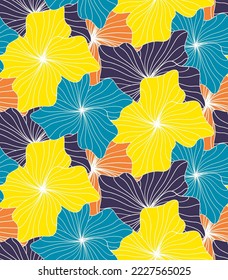 Abstract Hand Drawing Striped Line Drawing Hibiscus Flowers Seamless Tropical Vector Pattern Isolated Background