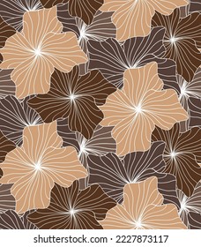 Abstract Hand Drawing Striped Line Drawing Hibiscus Flowers Seamless Tropical Vector Pattern Isolated Background