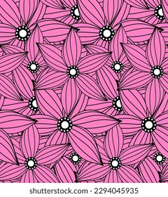 Abstract Hand Drawing Striped Line Drawing Star Flowers Seamless Tropical Vector Pattern Isolated Background