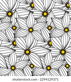 Abstract Hand Drawing Striped Line Drawing Star Flowers Seamless Tropical Vector Pattern Isolated Background