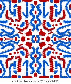 Abstract Hand Drawing Symmetric Stitched Embroidery Ethnic Ikat Aztec Bohemian Geometric Shapes Seamless Upholstery Rug Carpet Textile Vector Pattern Isolated Background