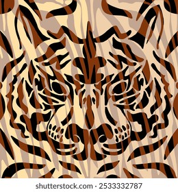 Abstract Hand Drawing Symmetric Tiger Lion Face Portrait with Zebra Stripes Placement Print Poster Vector Pattern Isolated Background