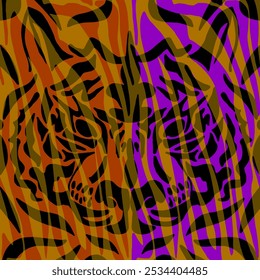 Abstract Hand Drawing Symmetric Tiger Lion Face Portrait with Zebra Stripes Placement Print Poster Vector Pattern Isolated Background