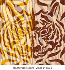 Abstract Hand Drawing Symmetric Tiger Lion Face Portrait with Zebra Stripes Placement Print Poster Vector Pattern Isolated Background