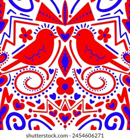 Abstract Hand Drawing Symmetrical Mirrored Ethnic Traditional Birds Flowers Hearts Dots Geometric Shapes Seamless Vector Pattern Isolated Background