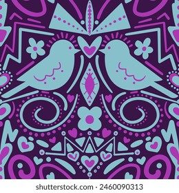 Abstract Hand Drawing Symmetrical Mirrored Ethnic Traditional Birds Flowers Hearts Dots Geometric Shapes Seamless Vector Pattern Isolated Background
