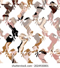 Abstract Hand Drawing Tie Dye Liquid Marble Horses Seamless Vector Pattern Isolated Background