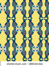 Abstract Hand Drawing Tile Fishes Marine Motifs Repeating Vector Pattern Isolated Background