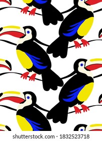 Abstract Hand Drawing Toucan Birds Repeating Vector Pattern Isolated Background