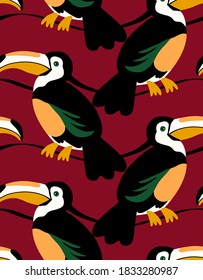 Abstract Hand Drawing Toucan Birds Repeating Vector Pattern Isolated Background