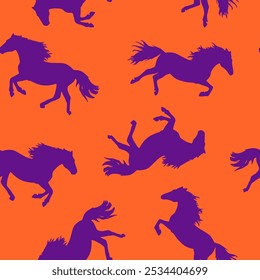 Abstract Hand Drawing Trend Colors Running Horses Seamless Vector Pattern Isolated Background