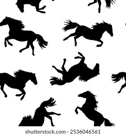 Abstract Hand Drawing Trend Colors Running Horses Seamless Vector Pattern Isolated Background