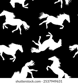 Abstract Hand Drawing Trend Colors Running Horses Seamless Vector Pattern Isolated Background