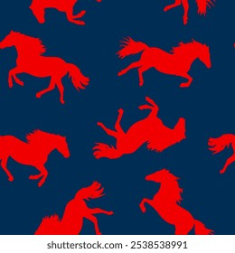 Abstract Hand Drawing Trend Colors Running Horses Seamless Vector Pattern Isolated Background