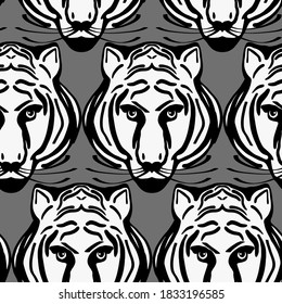 Abstract Hand Drawing Tribal Tiger Heads Repeating Vector Pattern Isolated Background