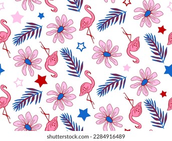 Abstract Hand Drawing Tropical Concept Flamingos Leaves Flowers and Stars Seamless Vector Pattern Isolated Background 