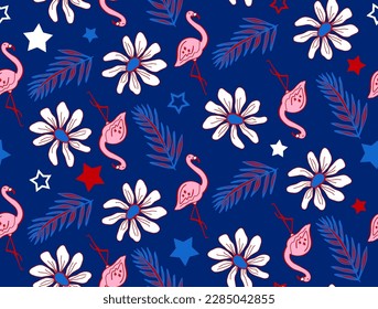 Abstract Hand Drawing Tropical Concept Flamingos Leaves Flowers and Stars Seamless Vector Pattern Isolated Background 