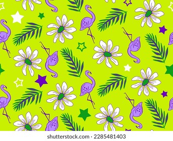 Abstract Hand Drawing Tropical Concept Flamingos Leaves Flowers and Stars Seamless Vector Pattern Isolated Background 