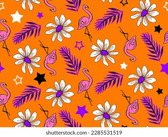 Abstract Hand Drawing Tropical Concept Flamingos Leaves Flowers and Stars Seamless Vector Pattern Isolated Background 
