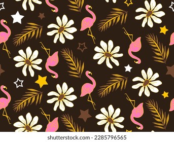 Abstract Hand Drawing Tropical Concept Flamingos Leaves Flowers and Stars Seamless Vector Pattern Isolated Background 