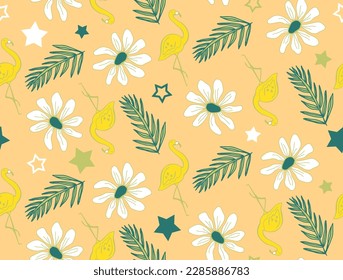 Abstract Hand Drawing Tropical Concept Flamingos Leaves Flowers and Stars Seamless Vector Pattern Isolated Background 