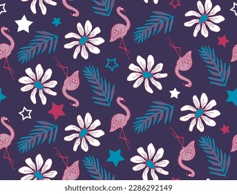 Abstract Hand Drawing Tropical Concept Flamingos Leaves Flowers and Stars Seamless Vector Pattern Isolated Background 