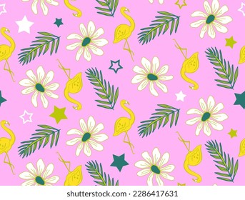 Abstract Hand Drawing Tropical Concept Flamingos Leaves Flowers and Stars Seamless Vector Pattern Isolated Background 