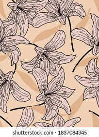Abstract Hand Drawing Tropical Exotic Hibiscus Flowers and Leaves Repeating Vector Pattern Isolated Background