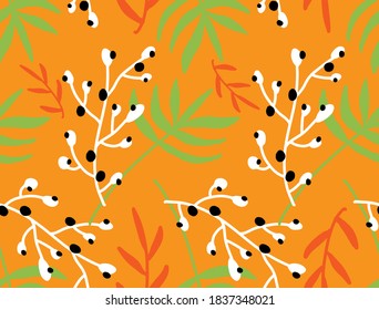 Abstract Hand Drawing Tropical Exotic Leaves and Branches Repeating Vector Pattern Isolated Background