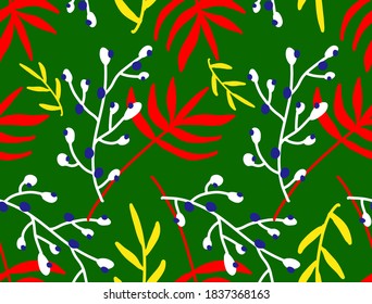Abstract Hand Drawing Tropical Exotic Leaves and Branches Repeating Vector Pattern Isolated Background