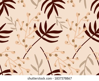 Abstract Hand Drawing Tropical Exotic Leaves and Branches Repeating Vector Pattern Isolated Background