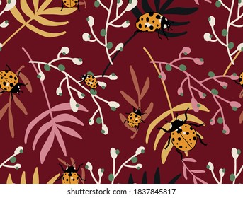 Abstract Hand Drawing Tropical Exotic Leaves and Branches with Ladybugs Repeating Vector Pattern Isolated Background