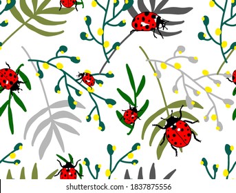 Abstract Hand Drawing Tropical Exotic Leaves and Branches with Ladybugs Repeating Vector Pattern Isolated Background