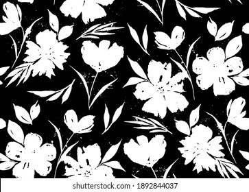 Abstract Hand Drawing Tropical Exotic Flowers Poppies Peonies and Leaves Repeating Vector Pattern Isolated Background