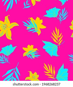 Abstract Hand Drawing Tropical Exotic Flowers Hibiscus and Leaves Repeating Vector Pattern Isolated Background