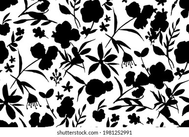 Abstract Hand Drawing Tropical Exotic Flowers Poppies Peonies and Leaves Repeating Vector Pattern Isolated Background