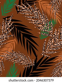 Abstract Hand Drawing Tropical Exotic Leaves with Leopard Cheetah Animal Skin Texture Seamless Vector Pattern Isolated Cinnamon Background